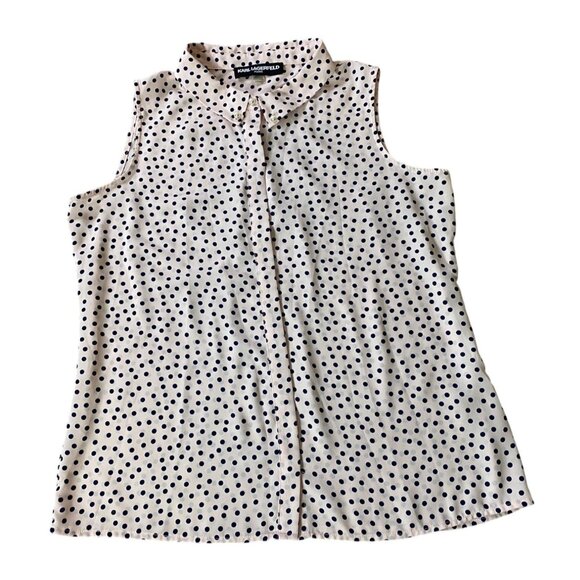 Karl Lagerfeld Paris Sleeveless Pink Navy Polka Blouse Pearl Buttons Large - Picture 1 of 10